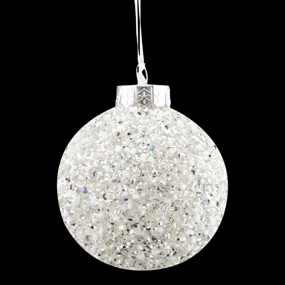BOULE DE NOËL BLANCHE/ARGENT FAIT DE PAILLETTES ET DE PERLES 100MM (4 po) - Créations Festives