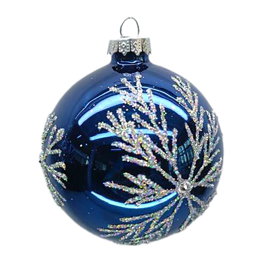 BOULE DE NOËL BLEU BRILLANT FLOCONS ARGENTÉS 76 MM (3 PO) - Créations Festives