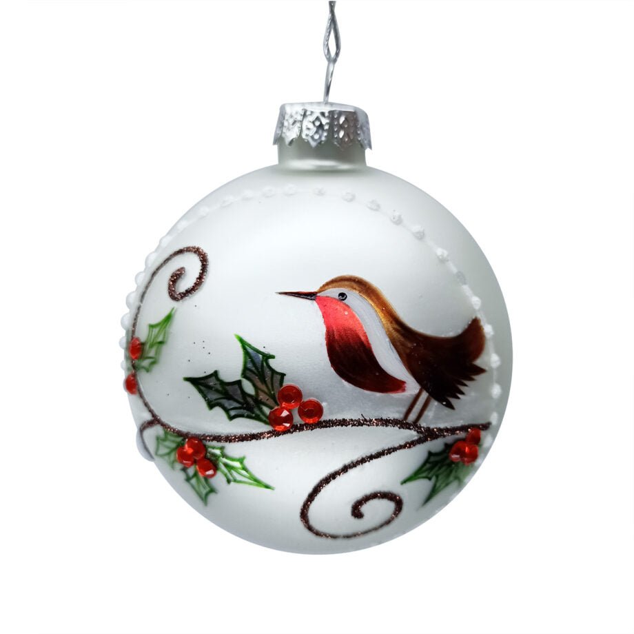 BOULE DE NOËL EN VERRE BLANC AU FINI MAT AVEC OISEAU PEINT 76 MM (3 PO) - Créations Festives