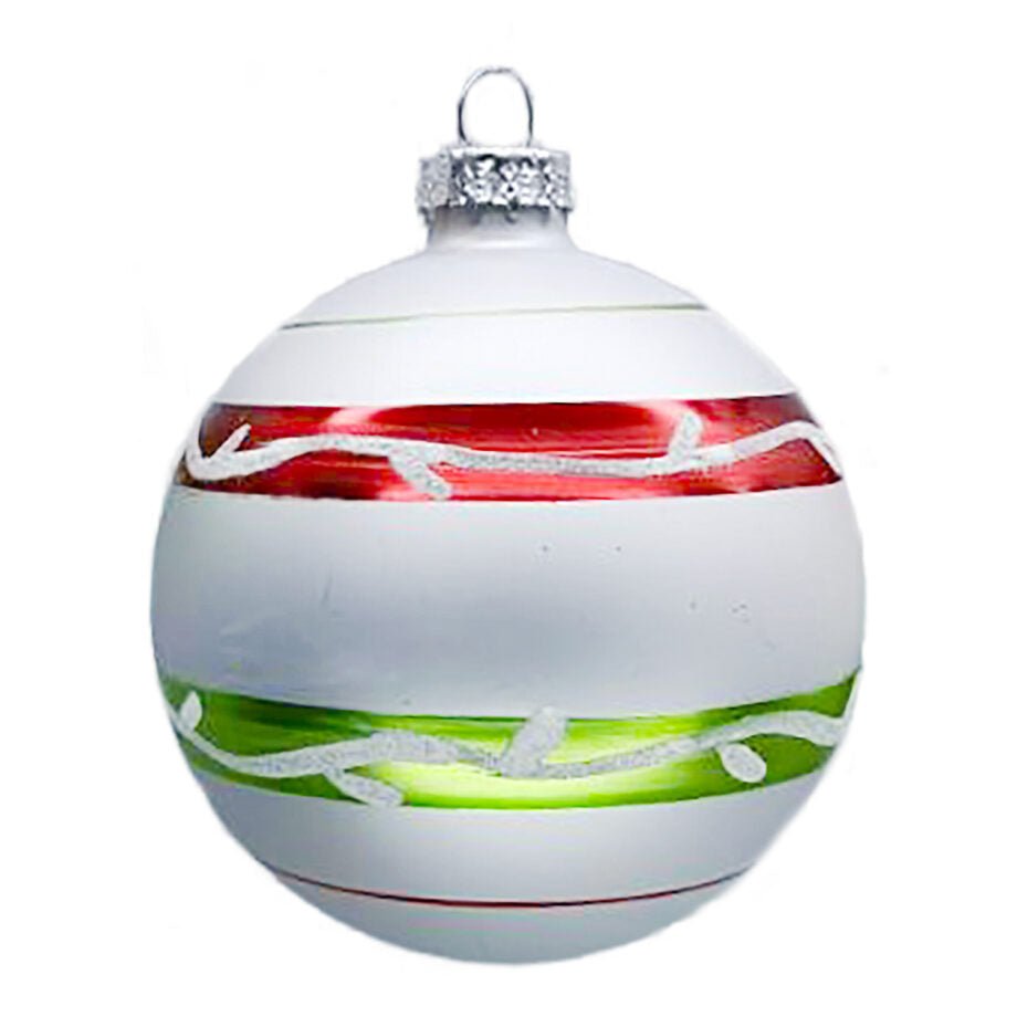BOULE DE NOËL EN VERRE BLANC MAT AVEC LIGNE ROUGE/VERTE 76 MM ( 3 po) - Créations Festives