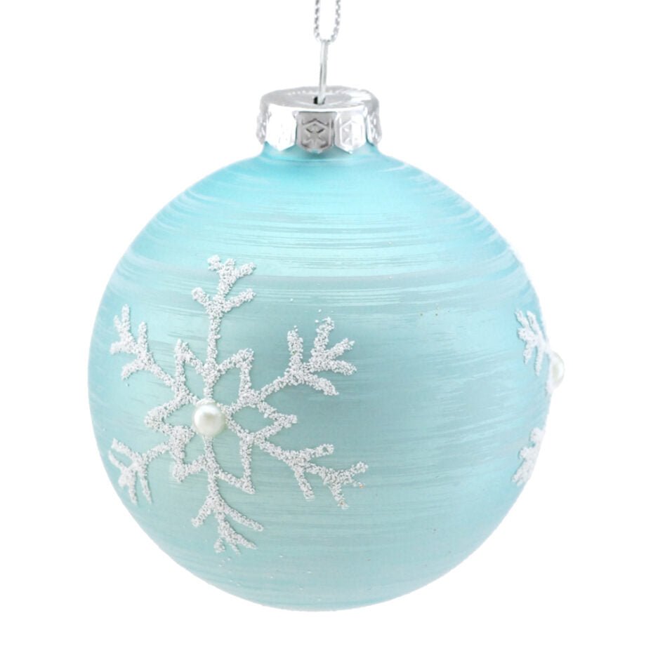 BOULE DE NOËL EN VERRE BLEU LÉGER AVEC FLOCONS DE NEIGE BLANC 76 MM (3 PO) - Créations Festives