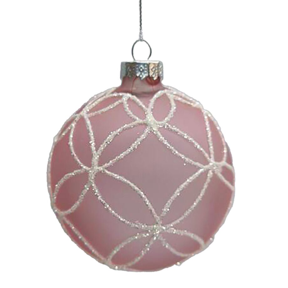 BOULE DE NOËL EN VERRE ROSE GIVRÉ MOTIF FLORAL DE PAILLETTES BLANCHES 76 MM (3 po) - Créations Festives