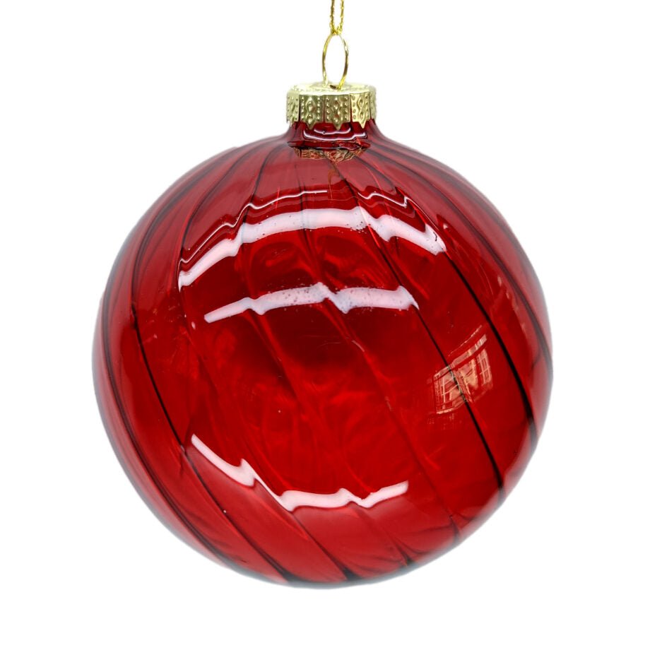 BOULE DE NOËL EN VERRE ROUGE BRILLANT MOTIF TOURBILLONS 100 mm (4 po) - Créations Festives