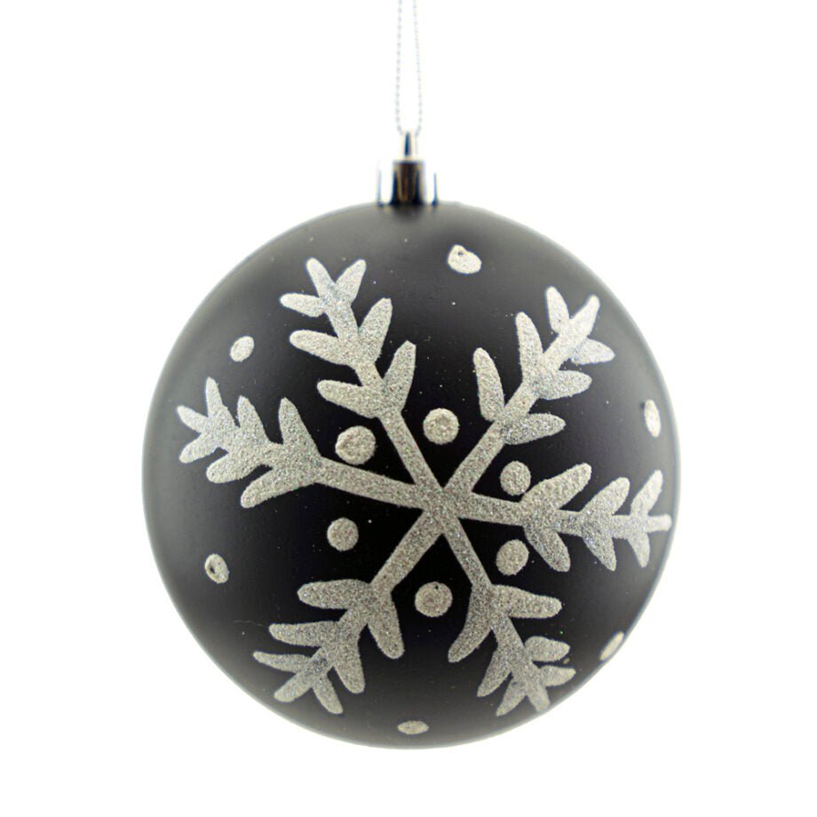 BOULE DE NOËL NOIR MAT MOTIF FLOCON DE NEIGE BLANC 100MM (4 PO) - Créations Festives