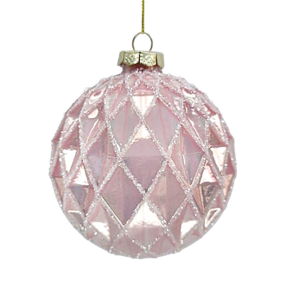 BOULE DE NOËL ROSE COUPE DIAMANTS ORNÉE DE PAILLETTES BLANC GLACE 100 MM (4 PO) - Créations Festives