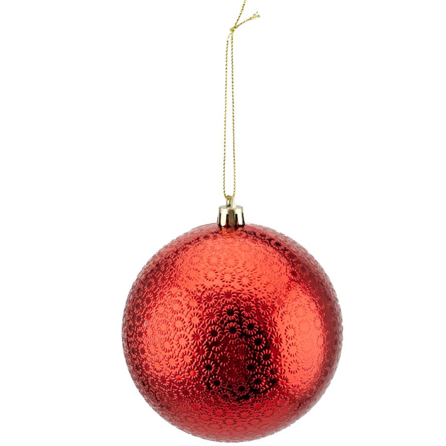 BOULE DE NOËL ROUGE EMBOSSÉE 100 MM (4 PO) - Créations Festives