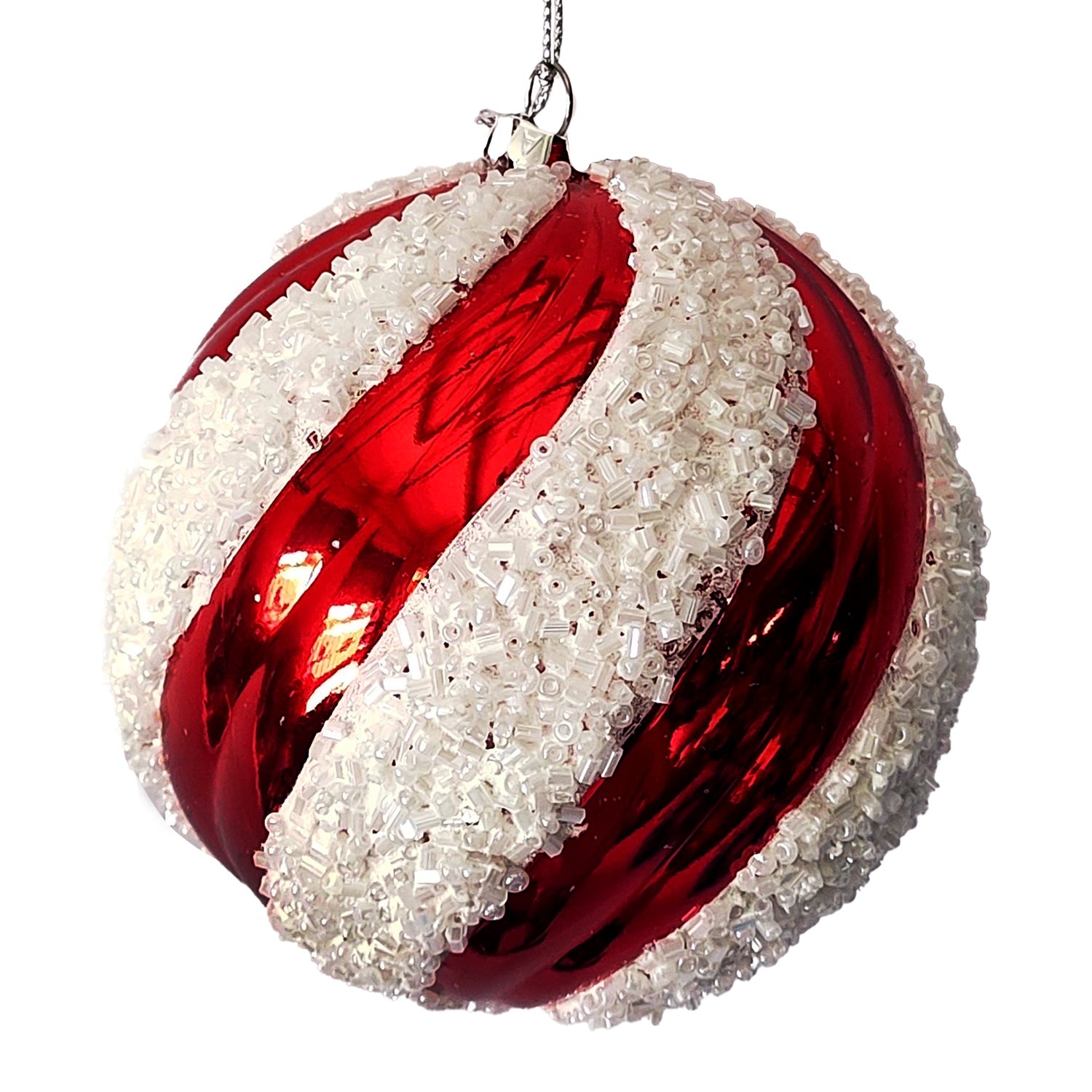 BOULE DE NOËL ROUGE/BLANC TOURBILLONS DE PERLES 100 MM (4 PO) - Créations Festives