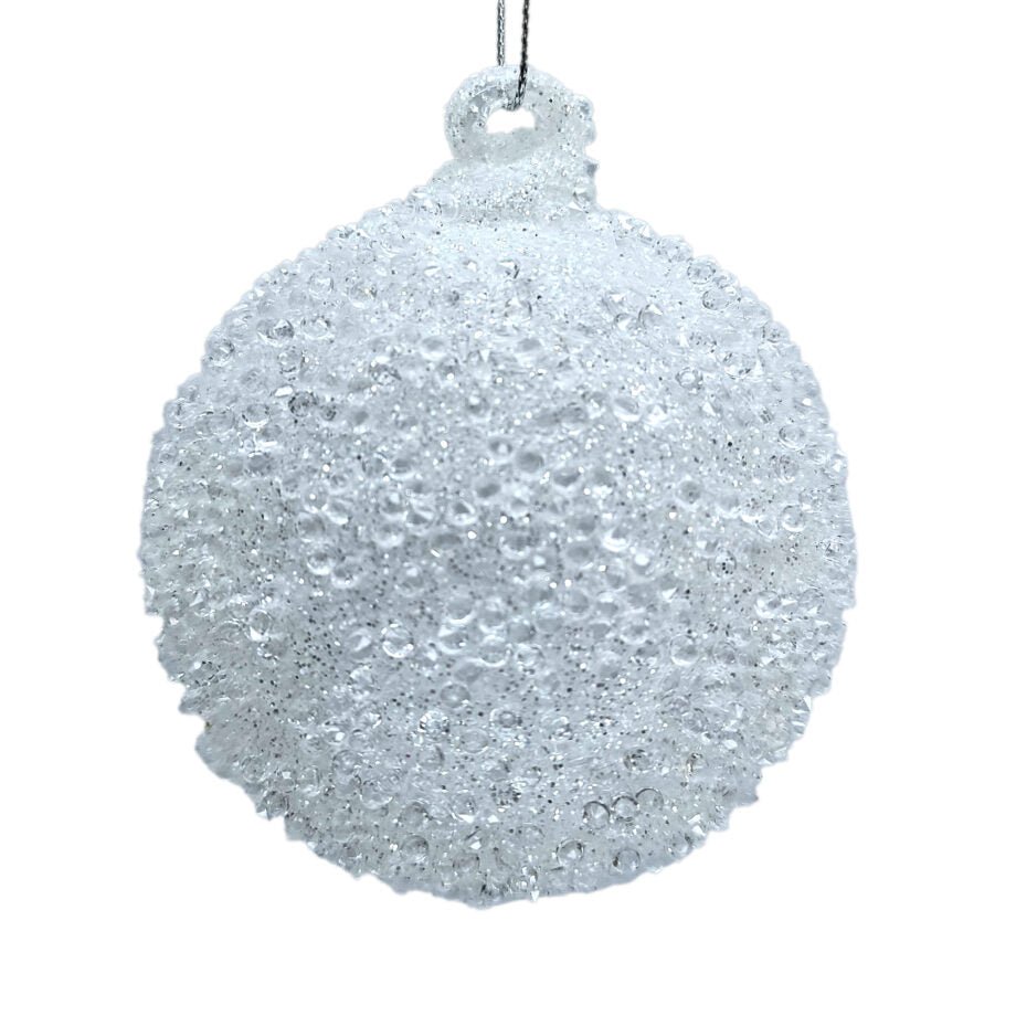 BOULE DE NOËL VERRE BLANC GIVRÉ AVEC PERLES ET PAILLETTES 75 MM (3 po) - Créations Festives