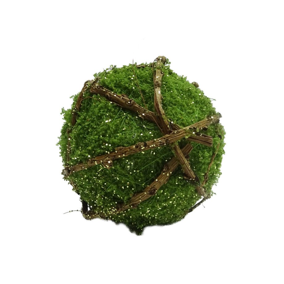 BOULE DE NOËL VERT MOUSSE AVEC PAILLETTES ET VIGNE EN ROTIN 150 MM (6 PO) - Créations Festives