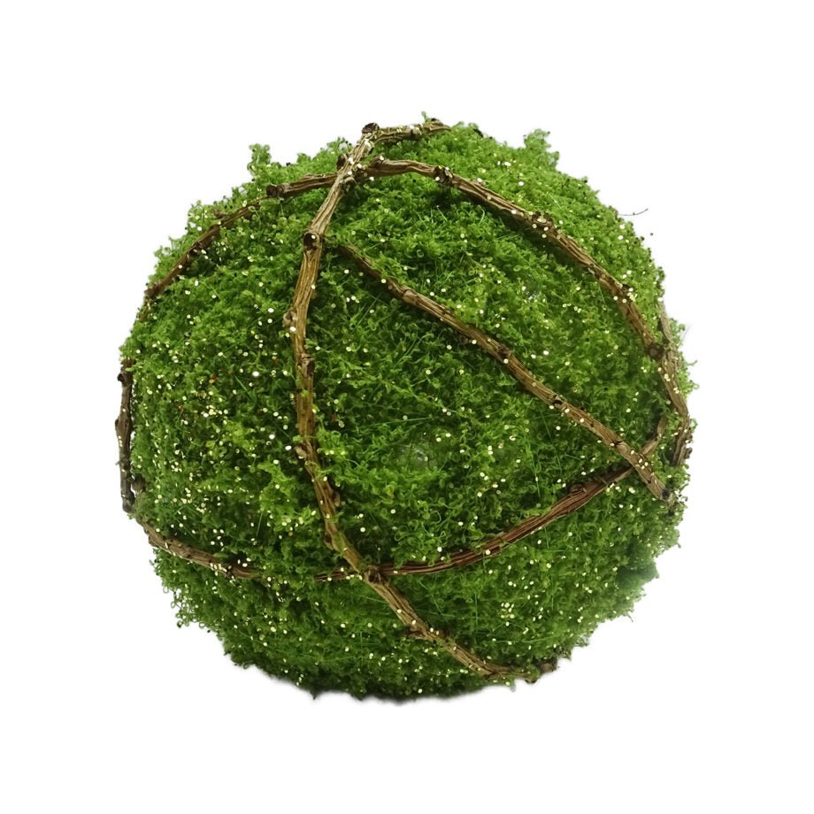 BOULE DE NOËL VERT MOUSSE AVEC PAILLETTES ET VIGNE EN ROTIN 200 MM (8 PO) - Créations Festives