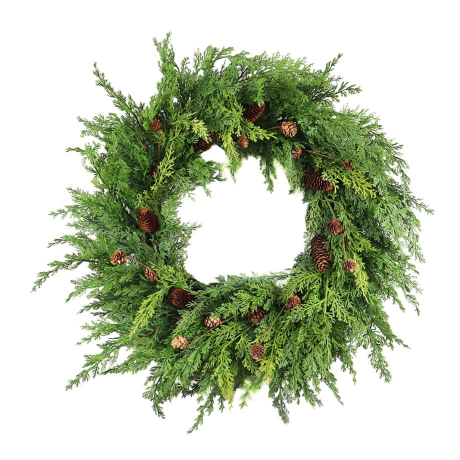 COURONNE DE NOËL CÈDRE VERT TEXTURE RÉALISTE AVEC POMMES DE PIN 61 CM (24 PO) - Créations Festives