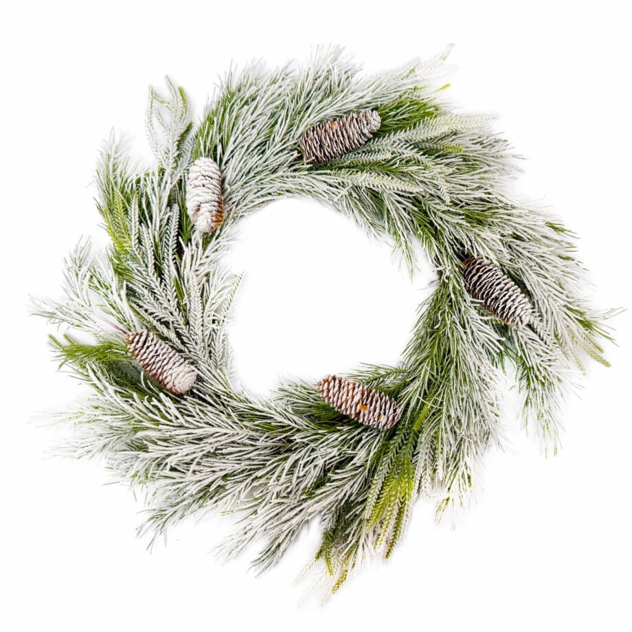 COURONNE DE NOËL DE BRANCHES DE PIN ENNEIGÉ AVEC POMMES DE PIN 60 CM (23.5 PO) - Créations Festives