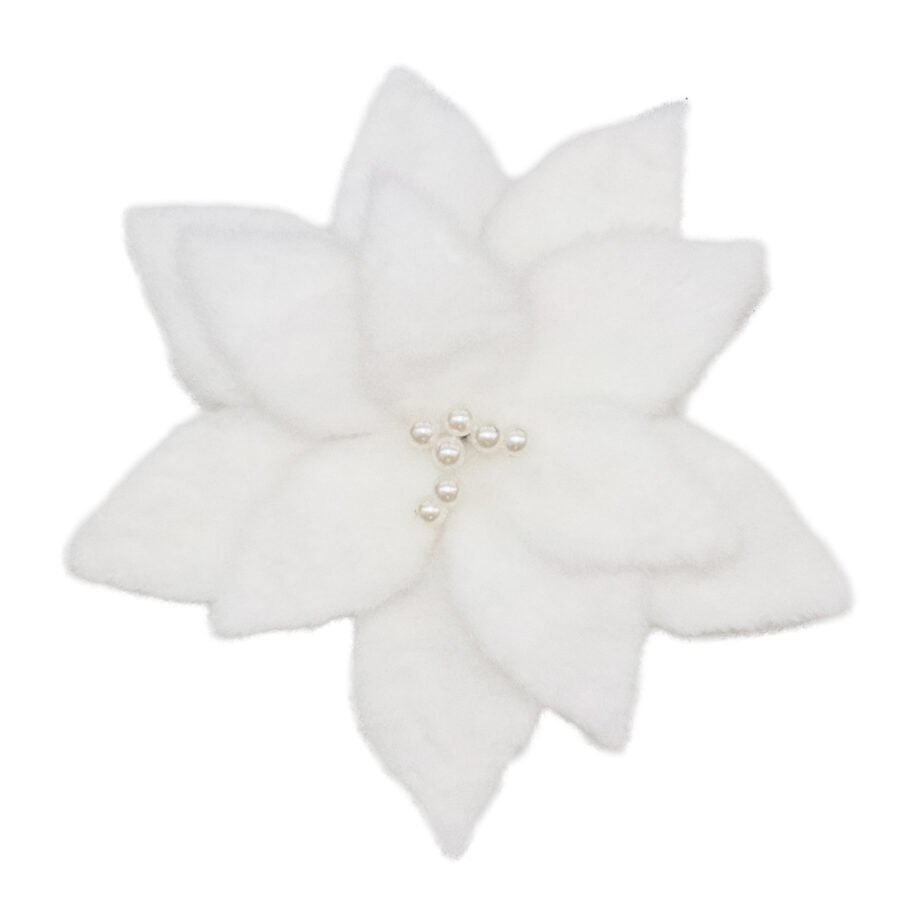 FLEUR DE POINSETTIA FAUSSE FOURRURE BLANCHE AVEC PETITES PERLES AU CENTRE 28 CM (11 PO) - Créations Festives
