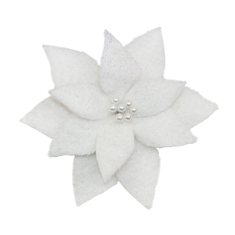 FLEUR DE POINSETTIA FAUSSE FOURRURE BLANCHE/ARGENT AVEC PETITES PERLES AU CENTRE 30 CM (12 PO) - Créations Festives