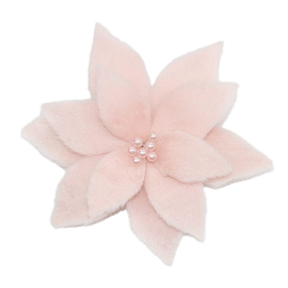 FLEUR DE POINSETTIA FAUSSE FOURRURE ROSE/CENTRE DE PERLES 28 CM (11 PO) - Créations Festives