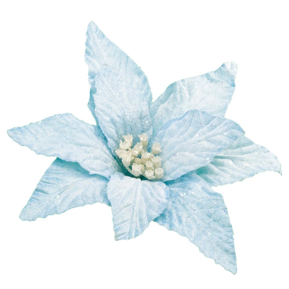 FLEUR DE POINSETTIA SUR CLIP BLEU GLACE GIVRÉ 25 CM (10 PO) - Créations Festives