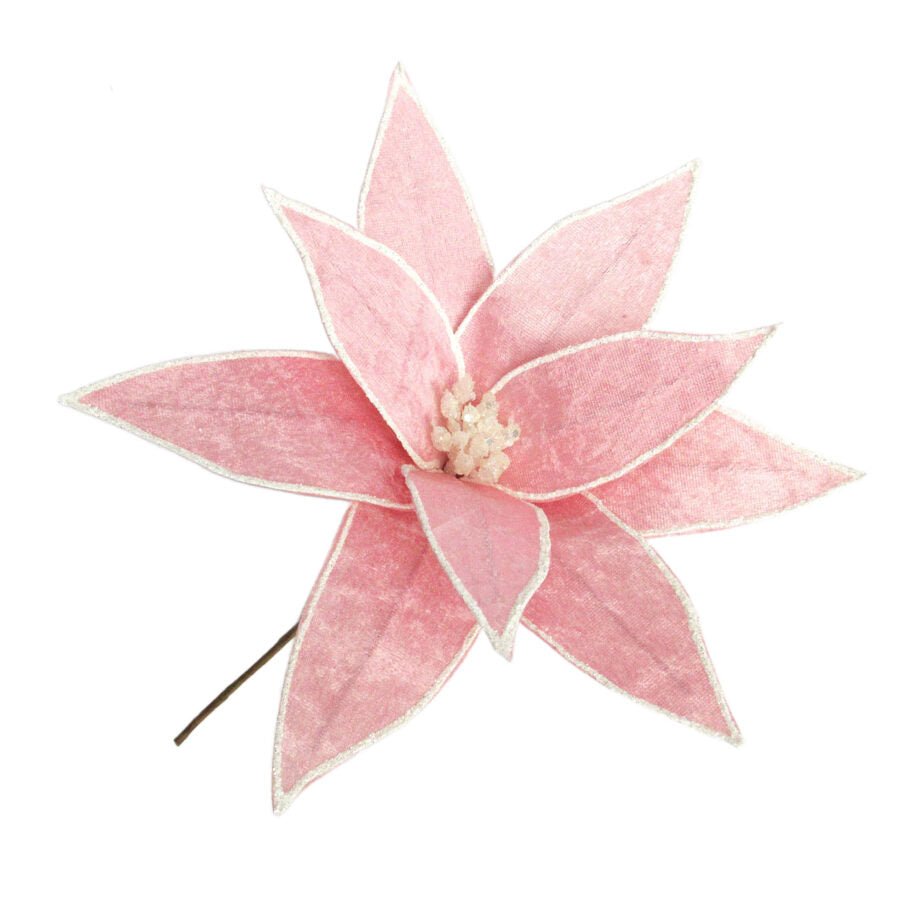 FLEUR DE POINSETTIA VELOURS ROSE PÂLE/CONTOUR BLANC/BRILLANT SUR CLIP 23 CM (9 PO) - Créations Festives