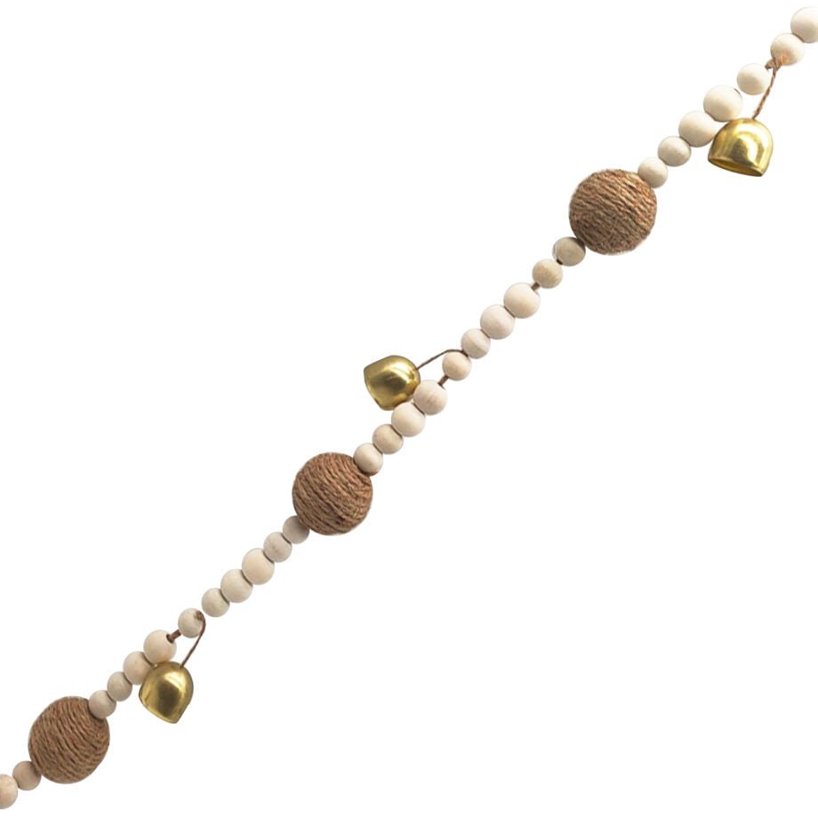 GUIRLANDE BILLES DE BOIS ET DE JUTE/CLOCHETTES COULEUR CRÈME/NATUREL 182 CM (72 PO) - Créations Festives