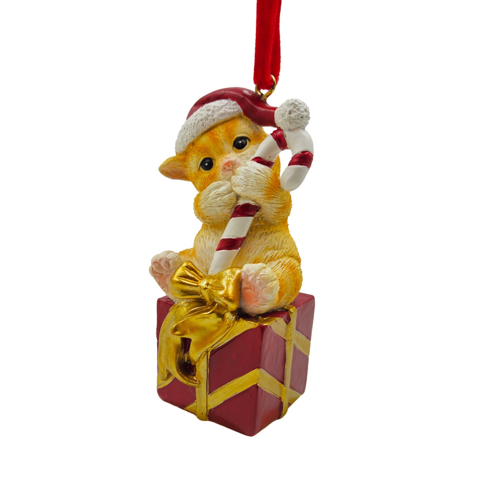 ORNEMENT CHAT AVEC CHAPEAU NOËL/CANNE/CADEAU 6,35 cm (2.5 PO) RÉSINE - Créations Festives