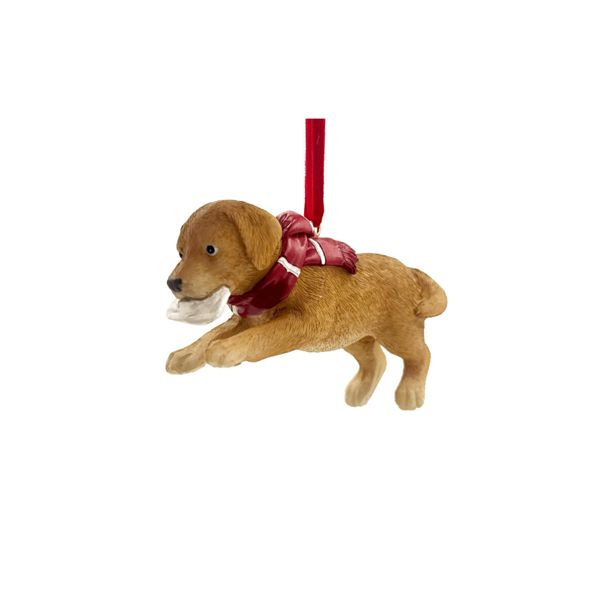 ORNEMENT CHIEN BONDISSANT EN RÉSINE BRUN/ÉCHARPE ROUGE 2,5 PO - Créations Festives