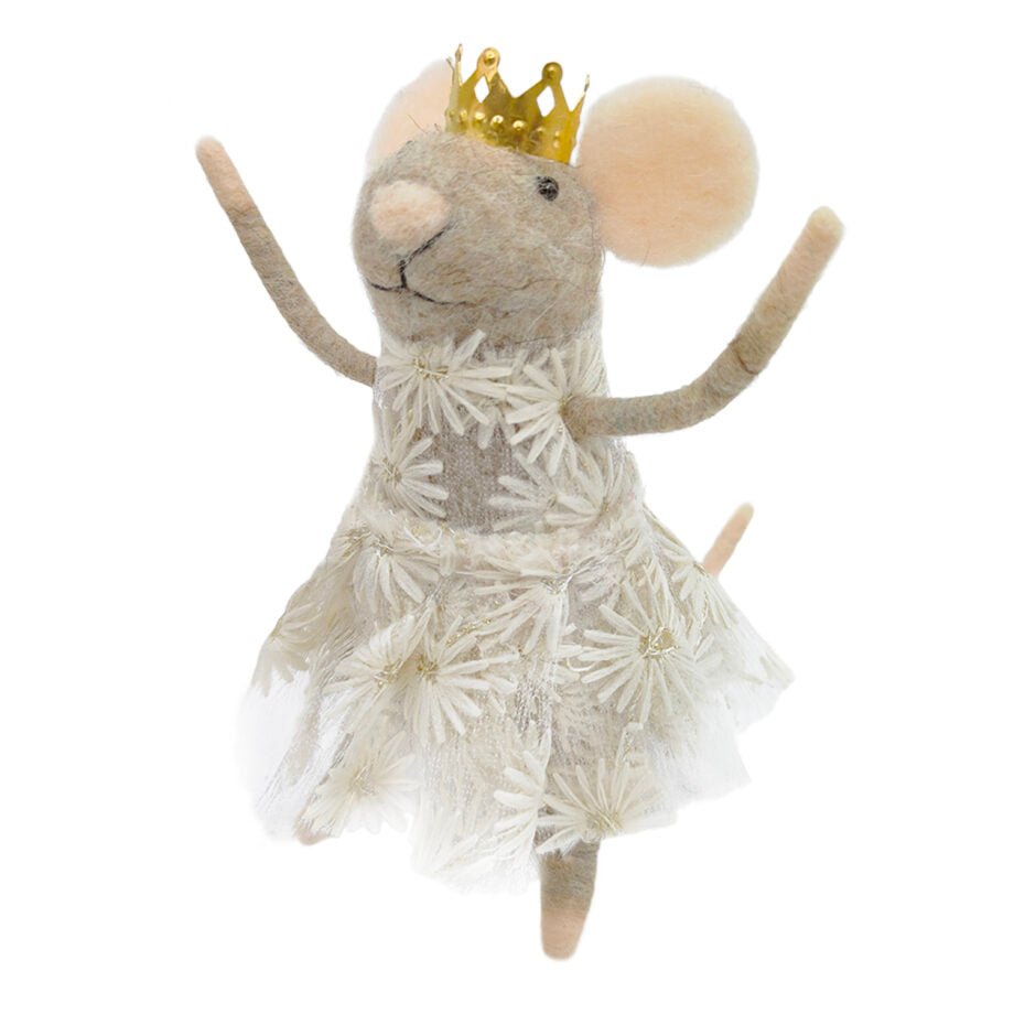 ORNEMENT DE LAINE SOURIS EN ROBE DE DENTELLE ET COURONNE 11.4 CM (4.5 PO) - Créations Festives