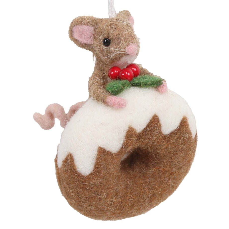 ORNEMENT DE LAINE SOURIS PATISSIÈRE BRUNE TENANT UN BEIGNET 8.9 CM (3.5 PO) - Créations Festives