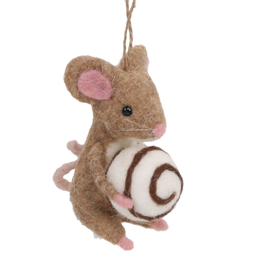 ORNEMENT DE LAINE SOURIS PATISSIÈRE QUI TIENT UN BONBON 11.4 CM (4.5 PO) - Créations Festives