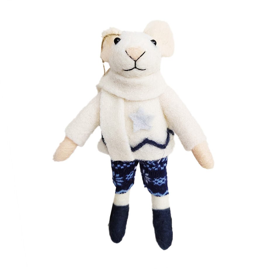 ORNEMENT SOURIS BLANCHE PANTALON BLEU ROYA ET ÉCHARPE BLANCHE 14 CM (5.5 PO) - Créations Festives