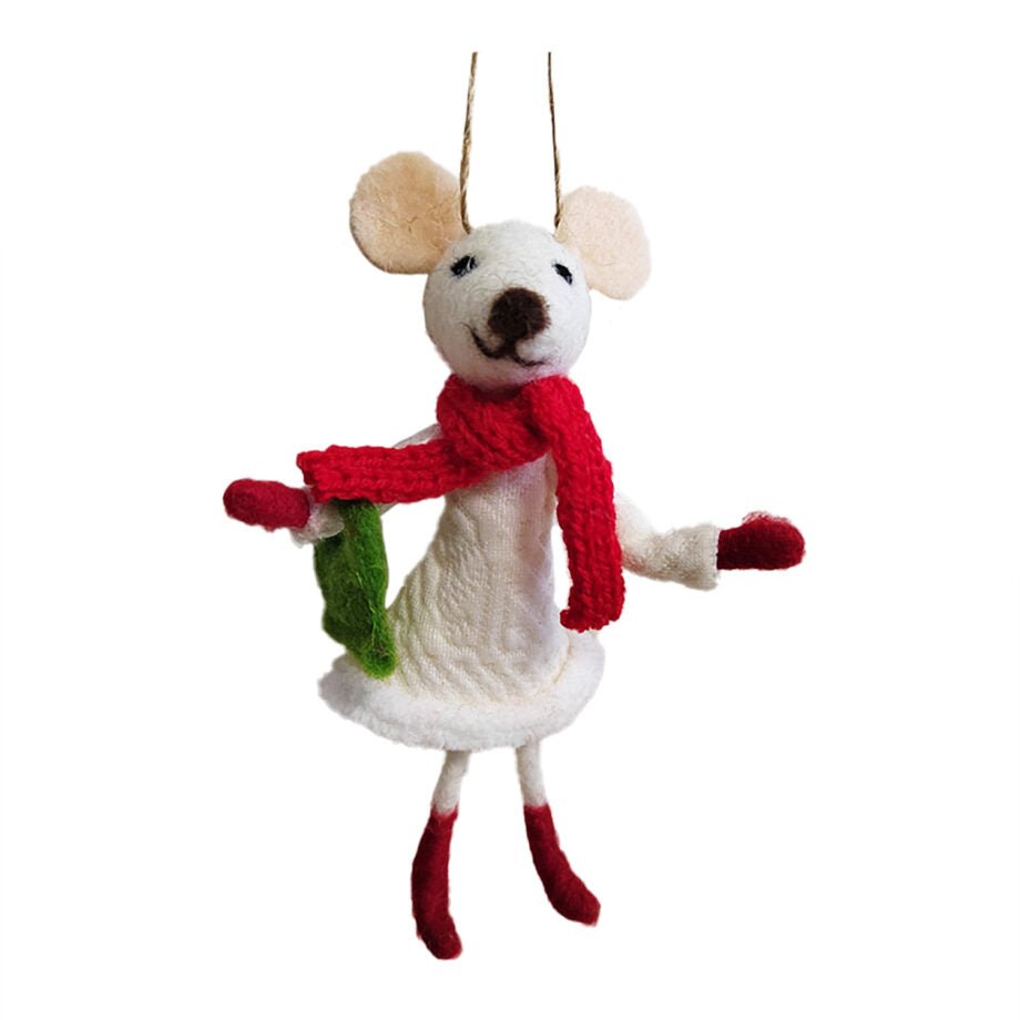 ORNEMENT SOURIS BLANCHE ROBE DE LAINE CRÈME ÉCHARPE ROUGE ET SAC À MAIN 14 CM (5.5 PO) - Créations Festives