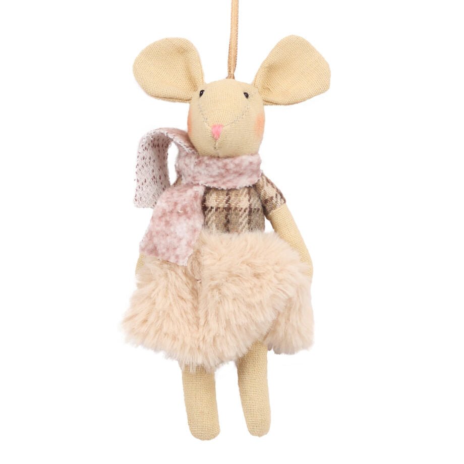 ORNEMENT SOURIS CRÈME/NATUREL HABILLÉE D'UNE ROBE 15 CM (6 PO) - Créations Festives