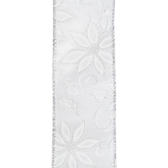 RUBAN AVEC FIL D'ACIER BLANC SATINÉ ORNÉ DE POINCETIAS BLANCS 6.35 CM X 10 M (2.5 PO X 30 PI) - Créations Festives