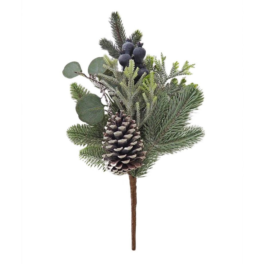 TIGE DE NOËL FEUILLES D'EUCALYPTUS/POMME DE PIN BAIES BLEU/SAPINAGE 40 CM (16 PO) - Créations Festives