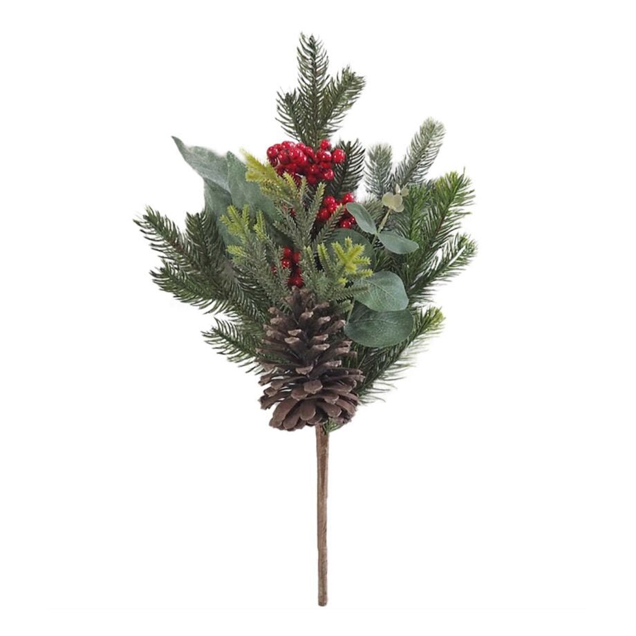 TIGE DE NOËL FEUILLES D'EUCALYPTUS/POMME DE PIN BAIES ROUGE/SAPINAGE 40 CM (16 PO) - Créations Festives