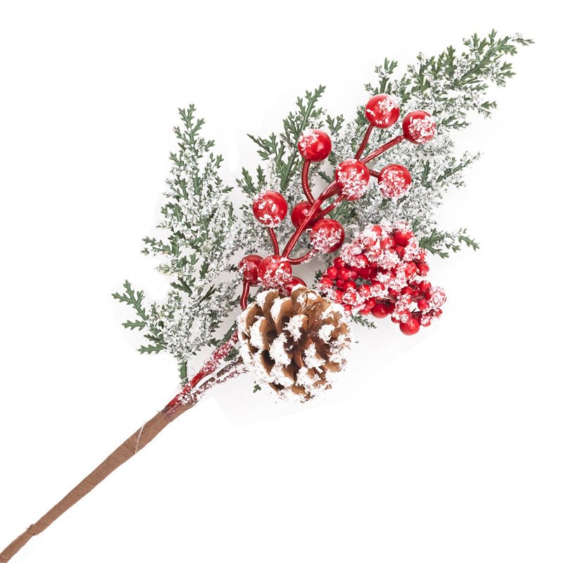 TIGE DE PIN GIVRÉ 37 CM 14,5″ BAIES ROUGES AVEC CÈDRE ET POMME DE PIN - Créations Festives